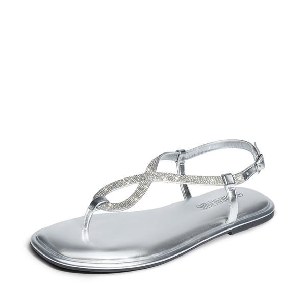 Ankle Strap Rhinestone Flat Sandals - SILVER -  0